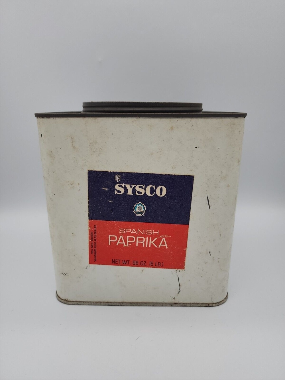 Vintage Sysco Spanish Paprika 96 Oz Large White Tin Houston Texas Rare Find
